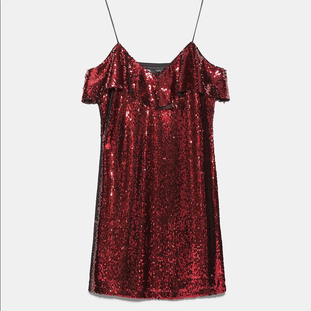 NWT ZARA Red Sequins Ruffle Neckline Mini Dress. Size XS - Picture 12 of 13
